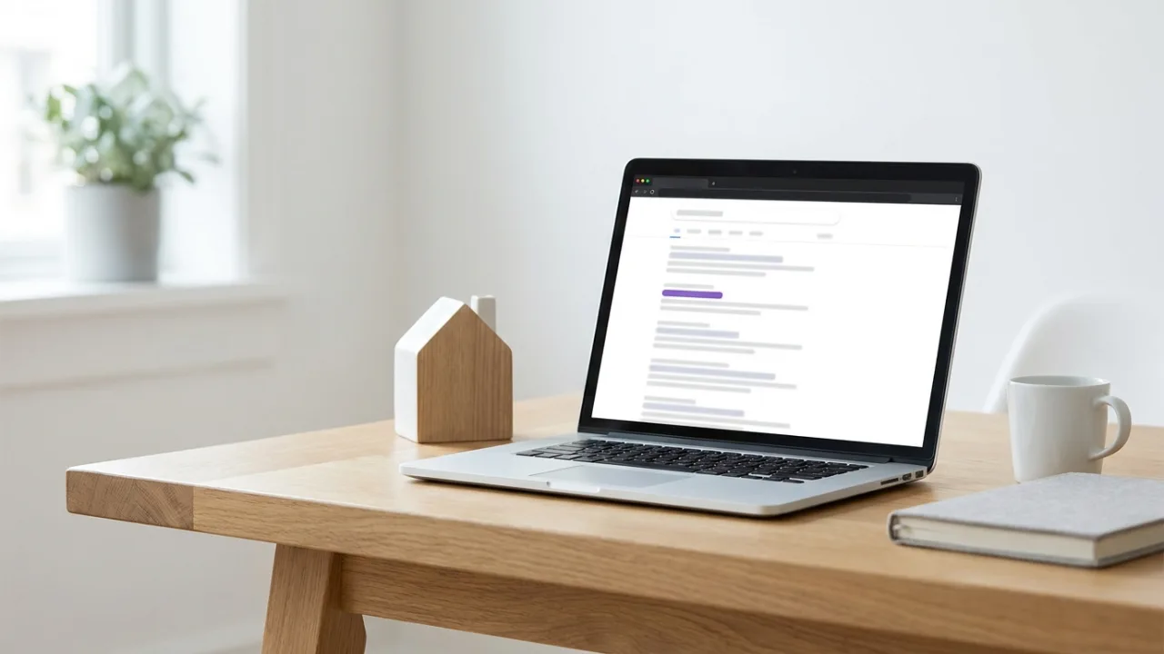Laptop mit abstrakter Suchergebnisseite und hervorgehobenem Treffer, daneben ein Modellhaus, Symbol für SEO für Immobilienmakler