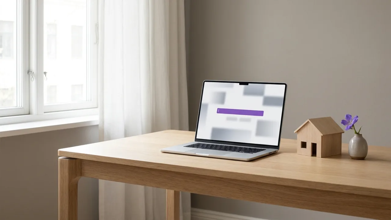 Laptop mit abstrakter Suchergebnisseite und hervorgehobenem Treffer, daneben ein Modellhaus, Symbol für SEO für Immobilienmakler