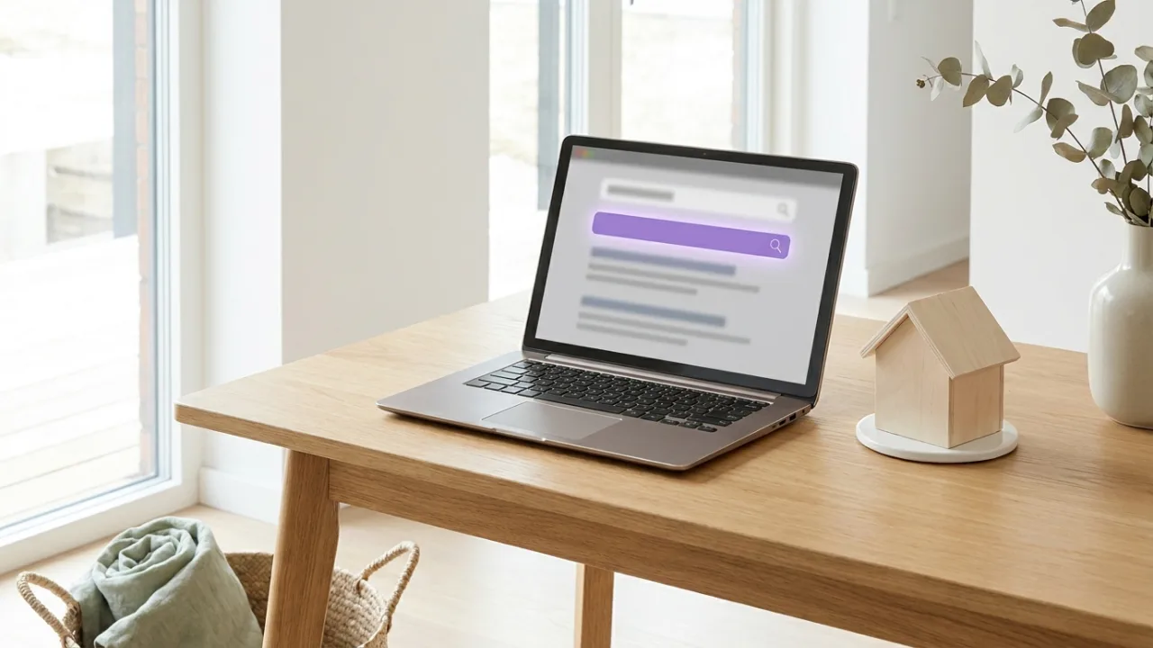 Laptop mit abstrakter Suchergebnisseite und hervorgehobenem Treffer, daneben ein Modellhaus, Symbol für SEO für Immobilienmakler