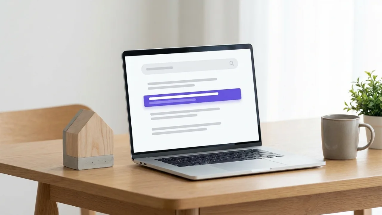 Laptop mit abstrakter Suchergebnisseite und hervorgehobenem Treffer, daneben ein Modellhaus, Symbol für SEO für Immobilienmakler