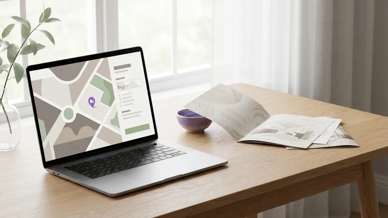 Laptop mit abstraktem Immobilien-Inserat neben gedruckten Exposé-Seiten