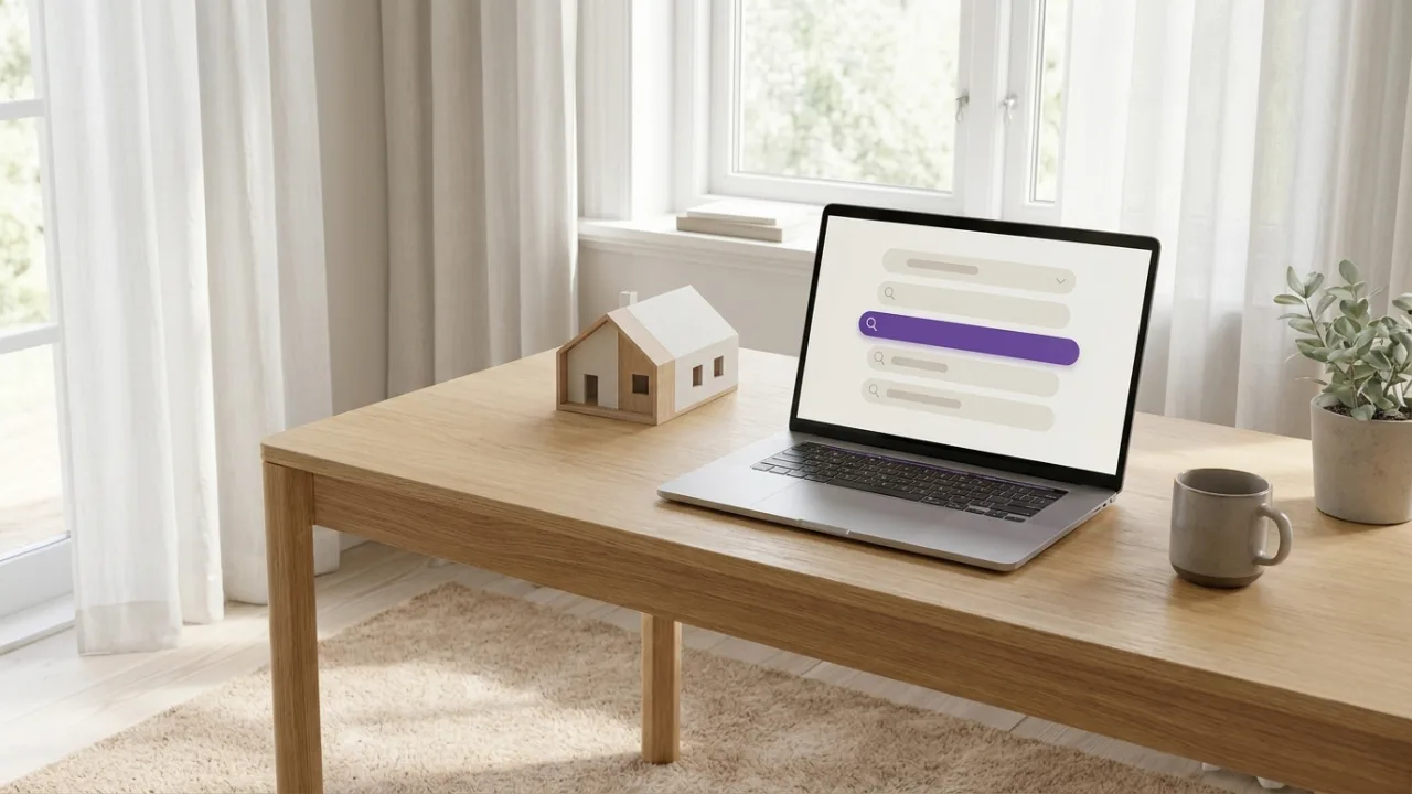 Laptop mit abstrakter Suchergebnisseite und hervorgehobenem Treffer, daneben ein Modellhaus, Symbol für SEO für Immobilienmakler