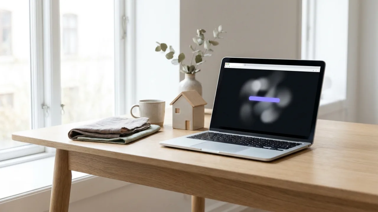 Laptop mit abstrakter Suchergebnisseite und hervorgehobenem Treffer, daneben ein Modellhaus, Symbol für SEO für Immobilienmakler