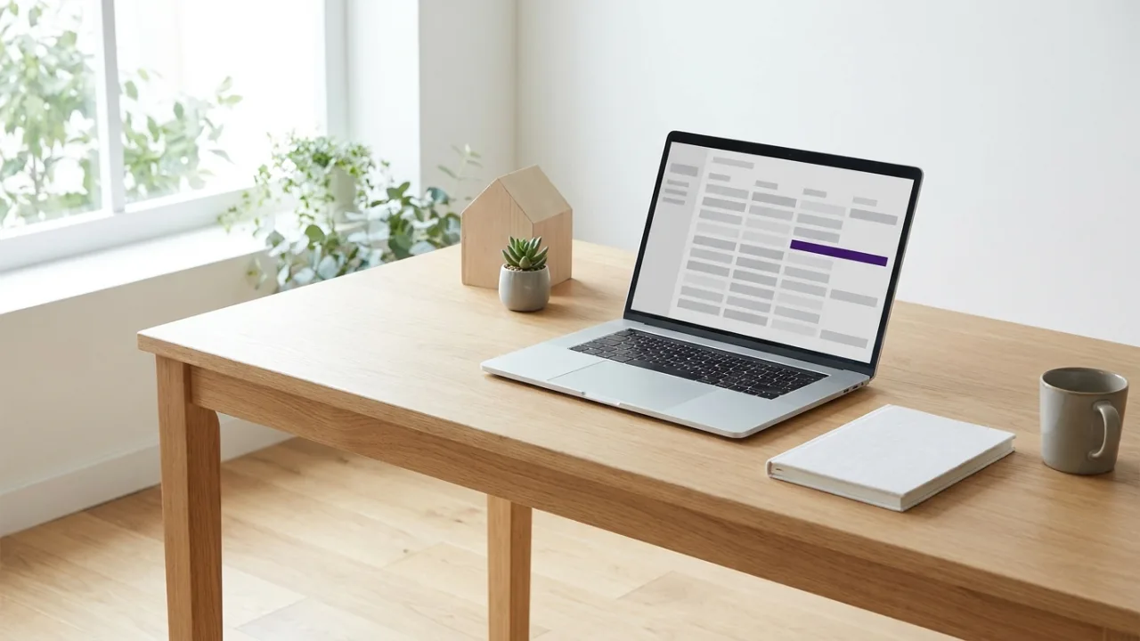 Laptop mit abstrakter Suchergebnisseite und hervorgehobenem Treffer, daneben ein Modellhaus, Symbol für SEO für Immobilienmakler