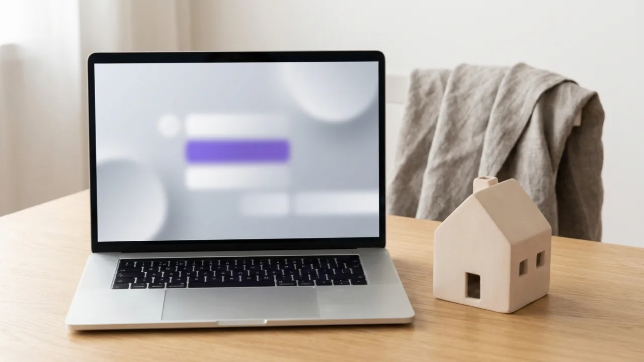 Laptop mit abstrakter Suchergebnisseite und hervorgehobenem Treffer, daneben ein Modellhaus, Symbol für SEO für Immobilienmakler