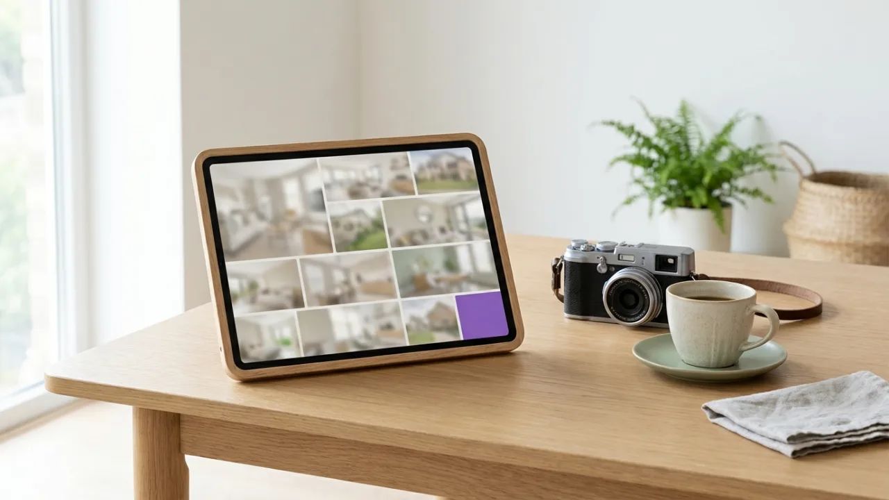 Tablet mit Bildraster von Immobilienfotos, Kamera und Kaffee, Symbol für Immobilienmarketing