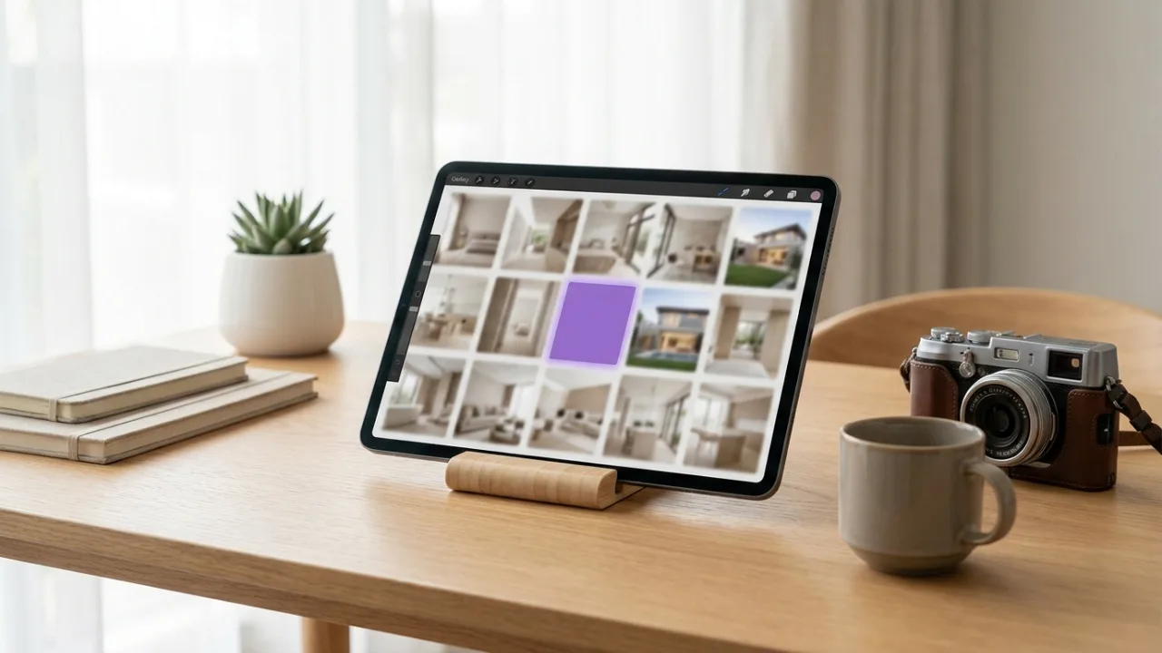 Tablet mit Bildraster von Immobilienfotos, Kamera und Kaffee, Symbol für Immobilienmarketing