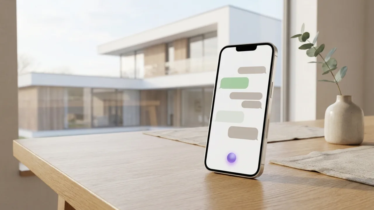 Smartphone mit KI-Chat auf einem Schreibtisch, im Hintergrund unscharf ein modernes weißes Einfamilienhaus