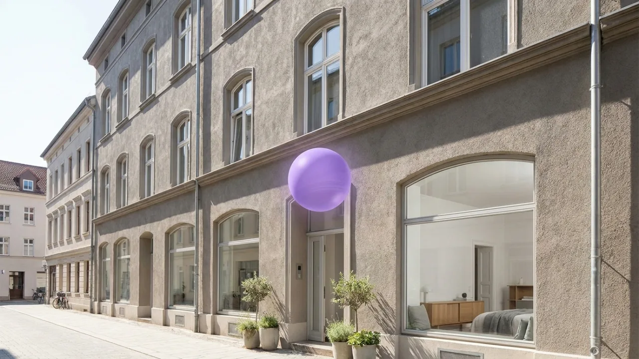 eine Penthouse-Terrasse über einer Stadt mit schwebendem lila Lichtpunkt, Symbol für KI im Immobilienbüro