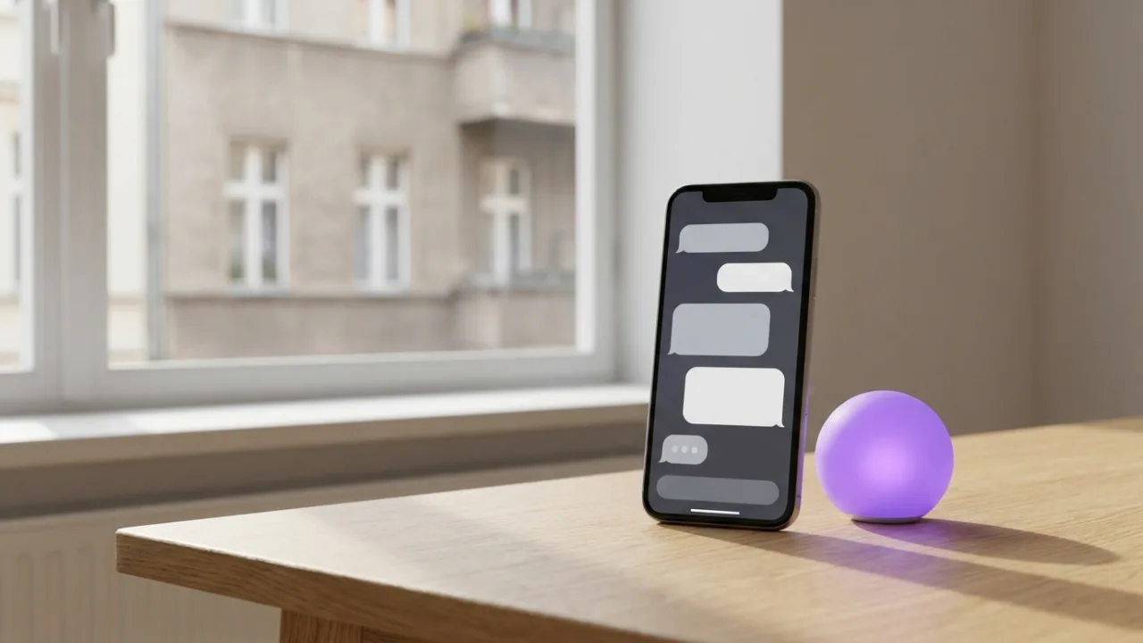 Smartphone mit KI-Chat auf einem Schreibtisch, im Hintergrund unscharf ein saniertes Altbau-Mehrfamilienhaus
