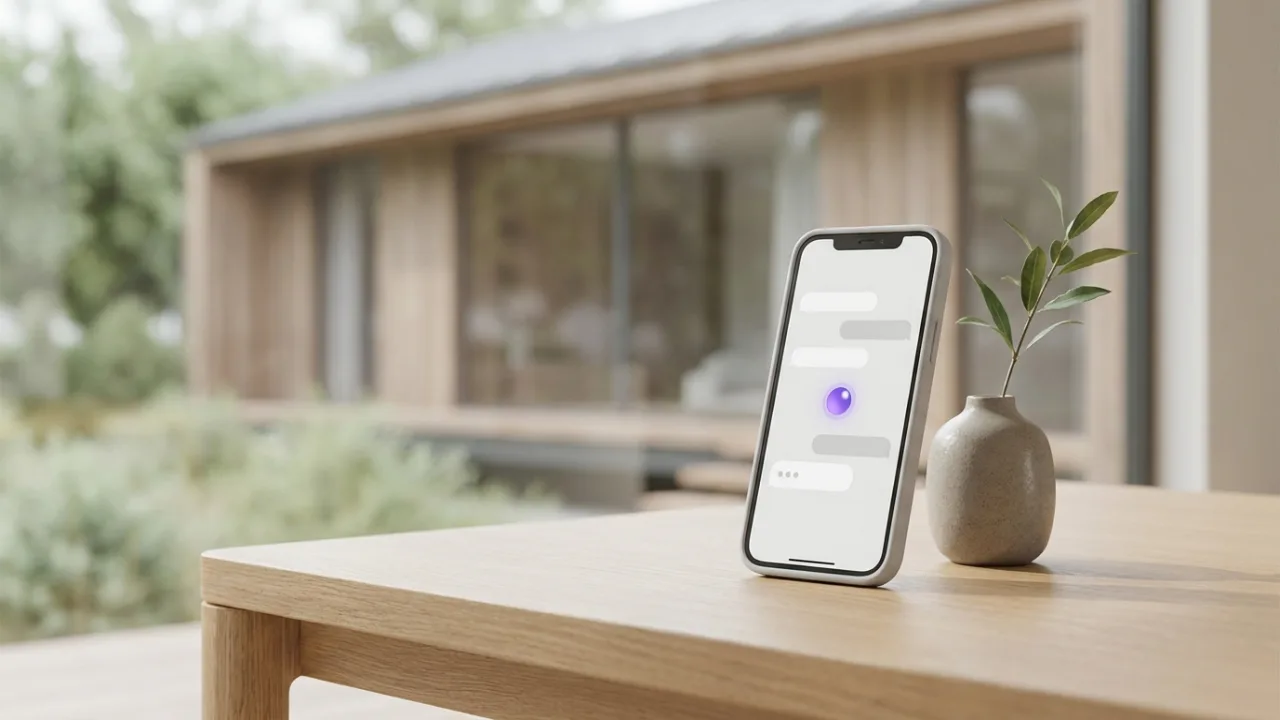 Smartphone mit KI-Chat auf einem Schreibtisch, im Hintergrund unscharf eine Villa aus Holz und Glas