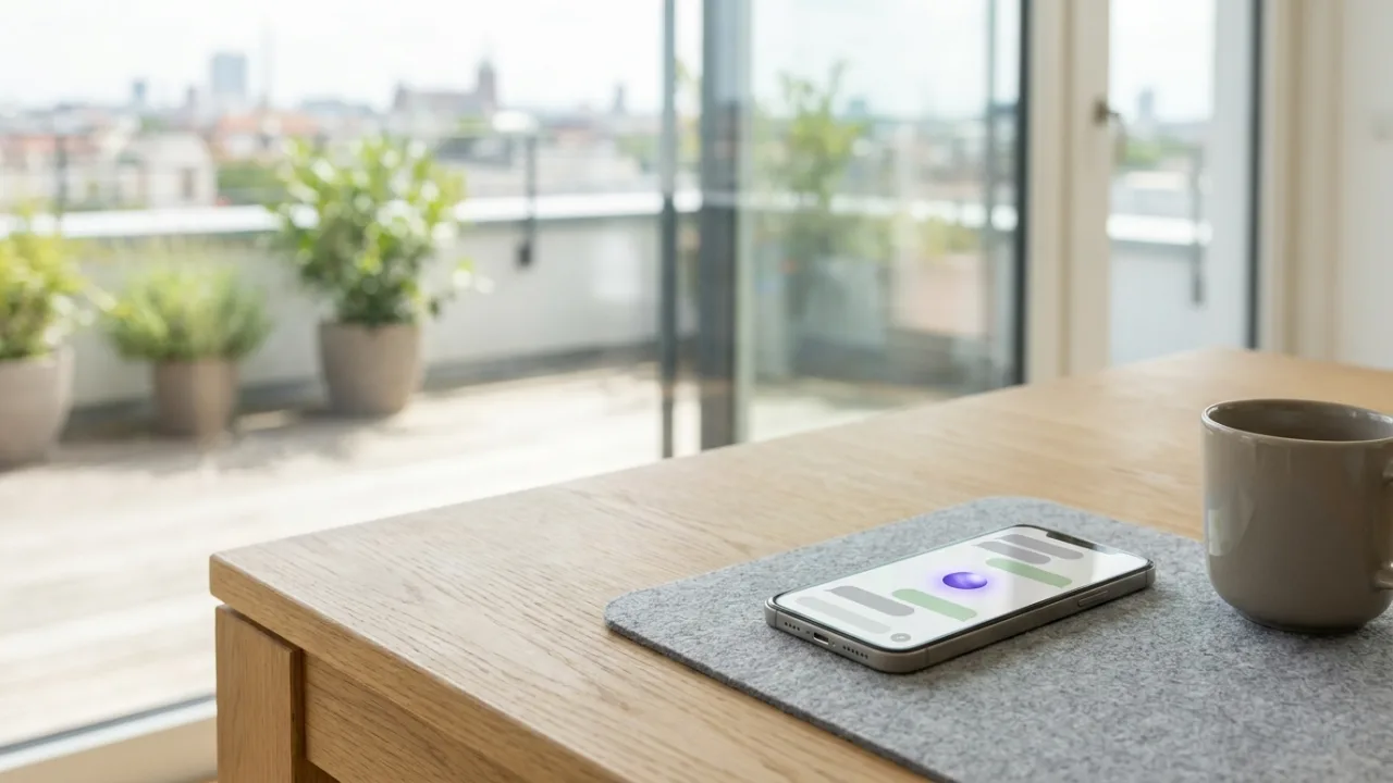 Smartphone mit KI-Chat auf einem Schreibtisch, im Hintergrund unscharf eine Penthouse-Terrasse über einer Stadt
