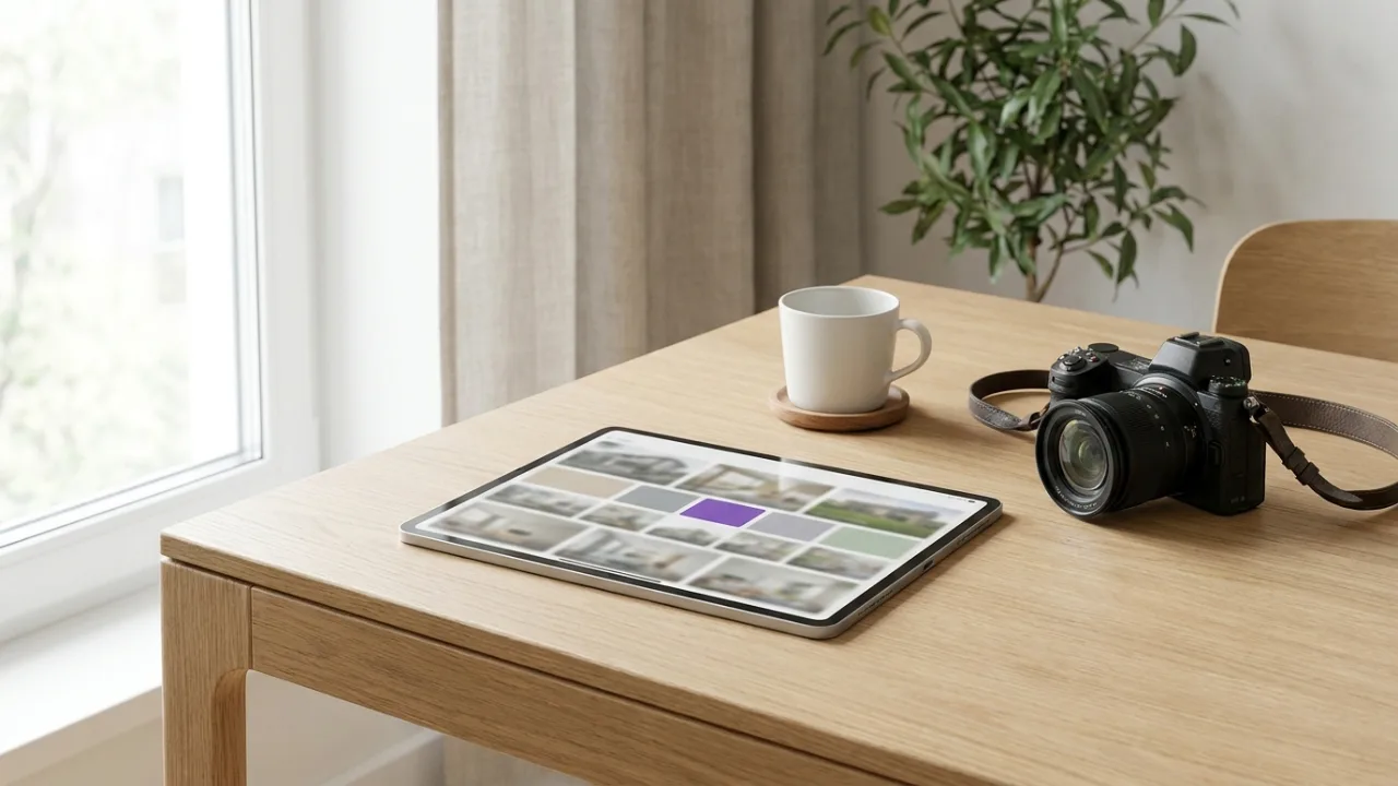 Tablet mit Bildraster von Immobilienfotos, Kamera und Kaffee, Symbol für Immobilienmarketing