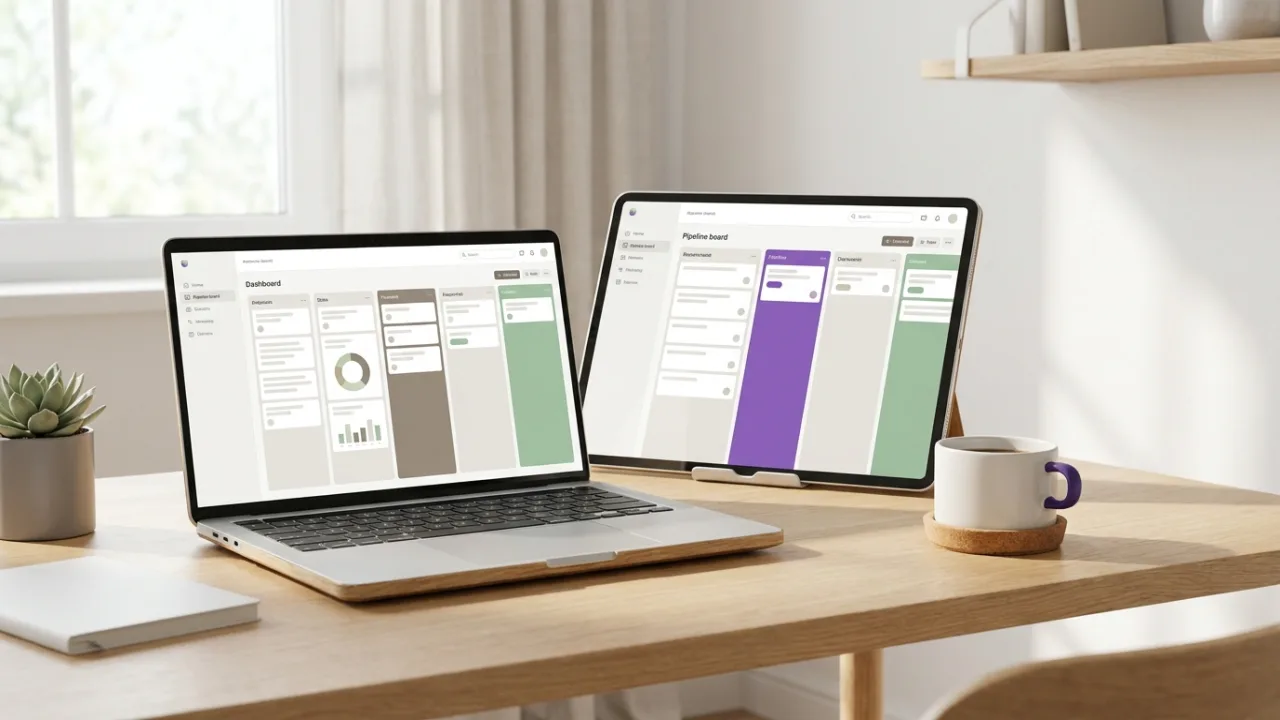 Laptop und Tablet mit abstraktem Dashboard und Pipeline-Ansicht, Symbol für Makler-Software und CRM
