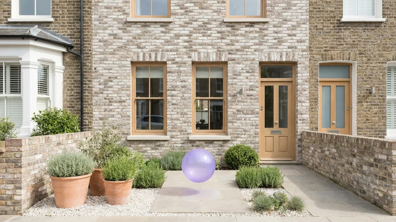 ein modernes weißes Einfamilienhaus mit schwebendem lila Lichtpunkt, Symbol für KI im Immobilienbüro