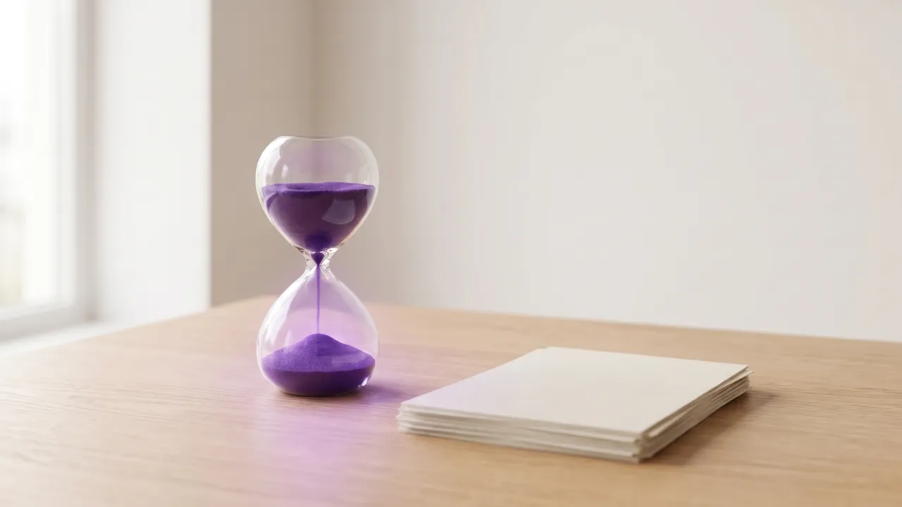 Sanduhr mit lila Sand neben einem Stapel Papier, Symbol für die Verjährung der Handwerkerrechnung