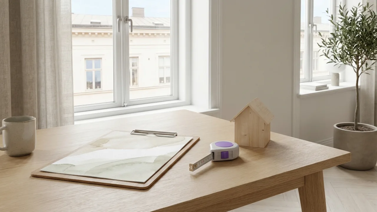 Klemmbrett mit Diagramm, Maßband und Modellhaus auf einem Schreibtisch, Symbol für Immobilienbewertung