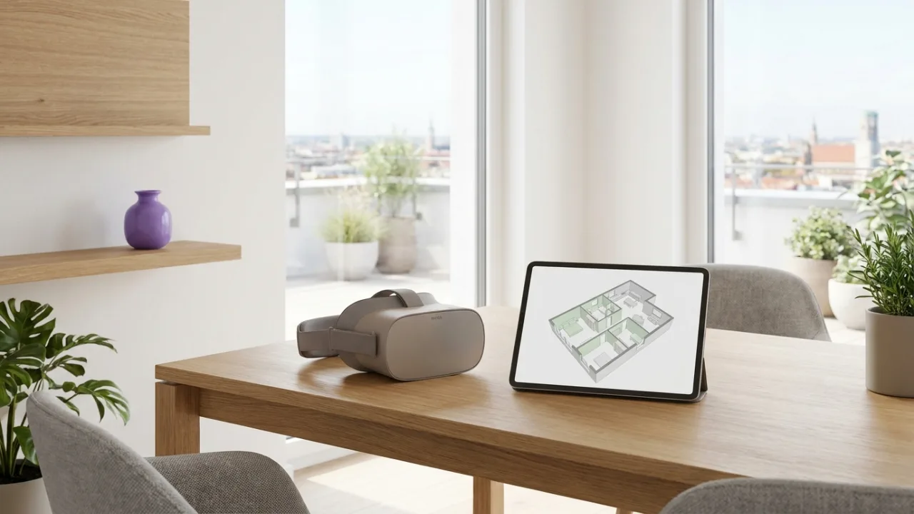 VR-Brille und Tablet mit 3D-Grundriss, Symbol für virtuelle Besichtigungen