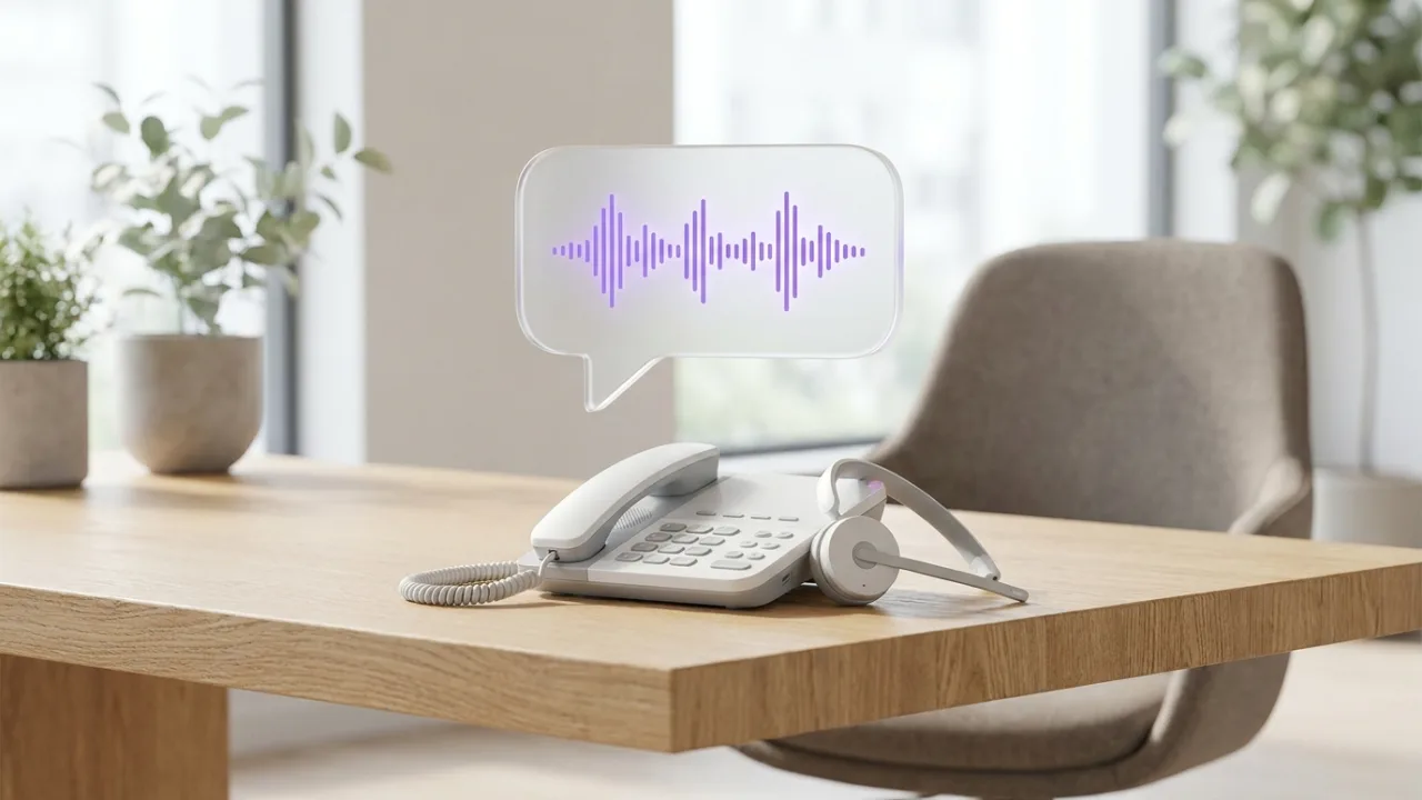 Telefon und Headset auf einem Schreibtisch mit schwebender Sprechblase, Symbol für KI-Telefonassistenz
