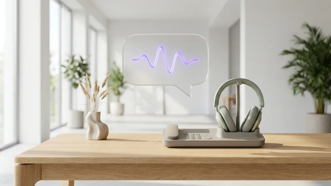 Telefon und Headset auf einem Schreibtisch mit schwebender Sprechblase, Symbol für KI-Telefonassistenz
