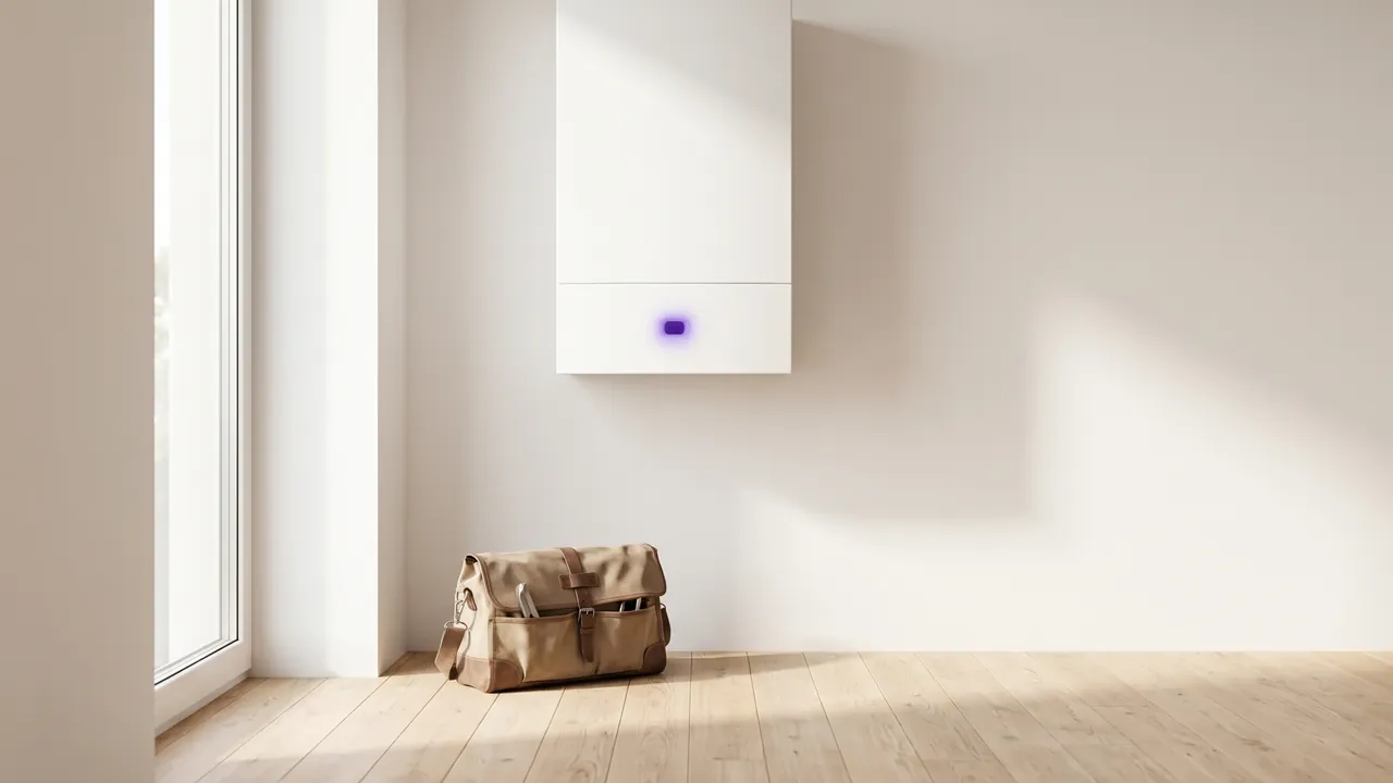 Heller Heizkessel an der Wand mit lila Statuslicht, davor eine Werkzeugtasche, Symbol für das Wartungsvertrag-Muster