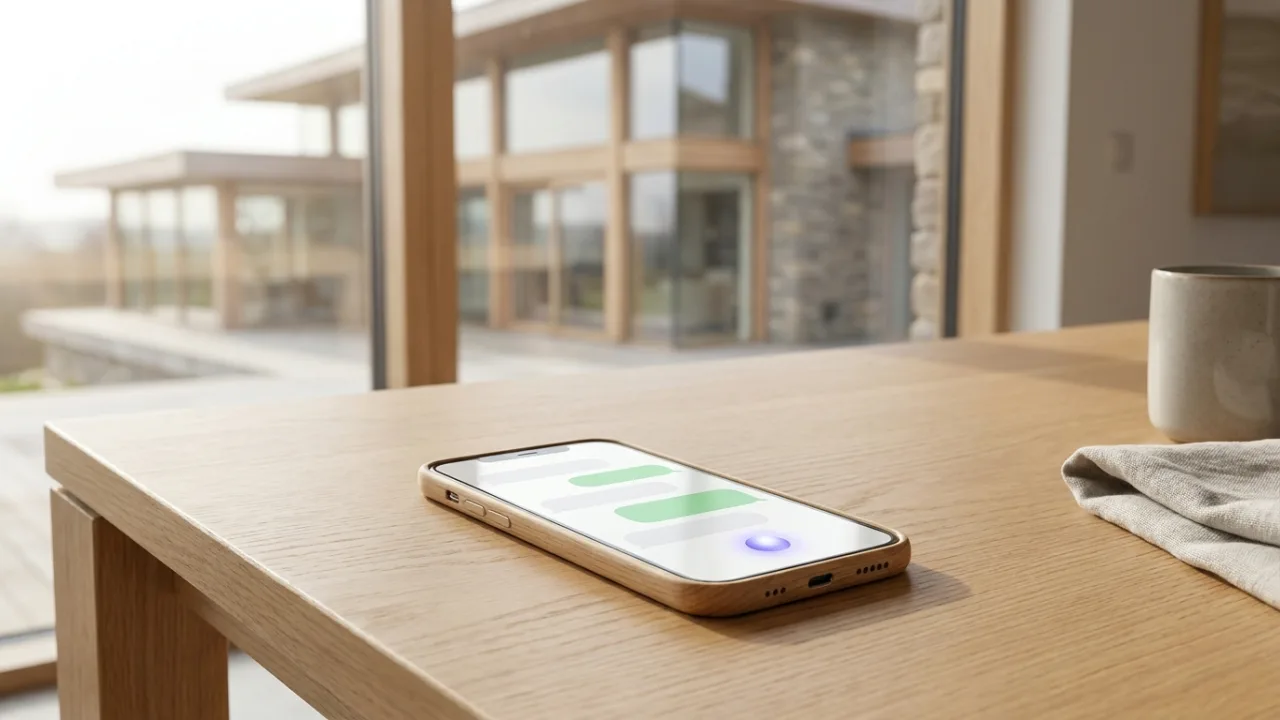 Smartphone mit KI-Chat auf einem Schreibtisch, im Hintergrund unscharf eine Villa aus Holz und Glas