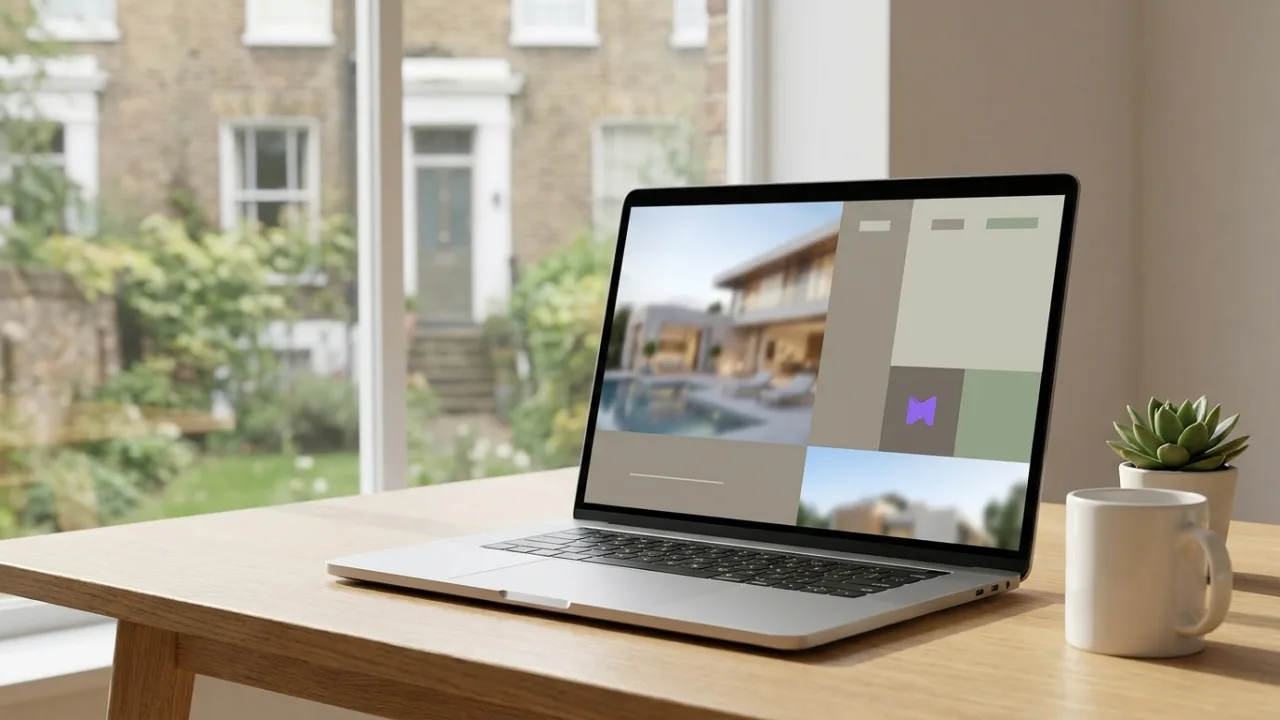 Laptop mit eleganter Immobilien-Website auf einem Schreibtisch, Symbol für Webseiten für Makler