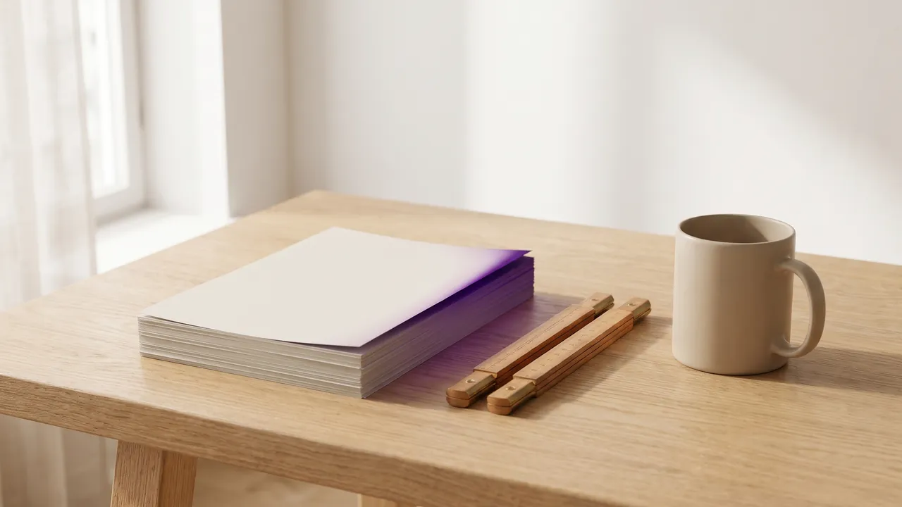Stapel unbedruckter Flyer, Zollstock und Kaffeebecher auf einem Holztisch, Symbol für Werbung für Handwerker