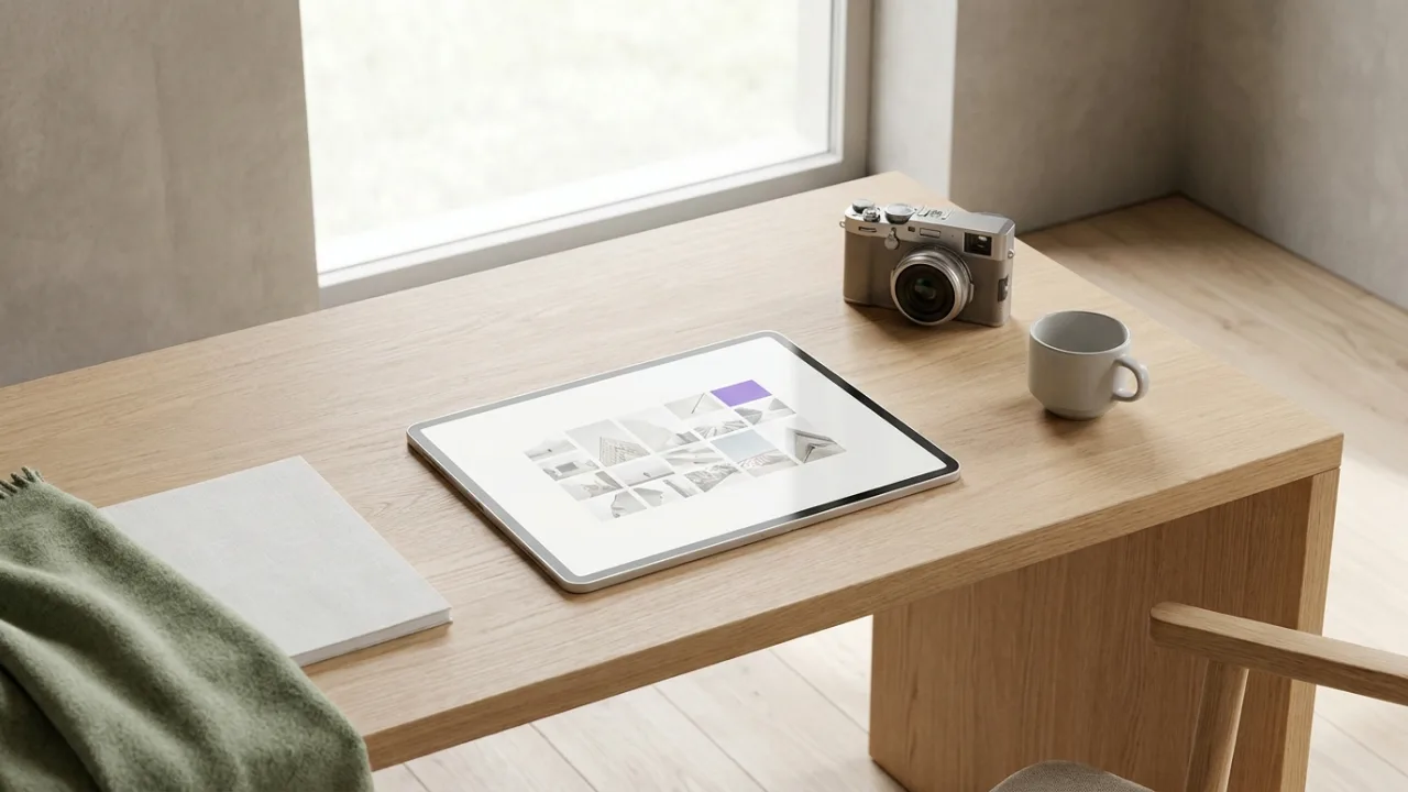Tablet mit Bildraster von Immobilienfotos, Kamera und Kaffee, Symbol für Immobilienmarketing