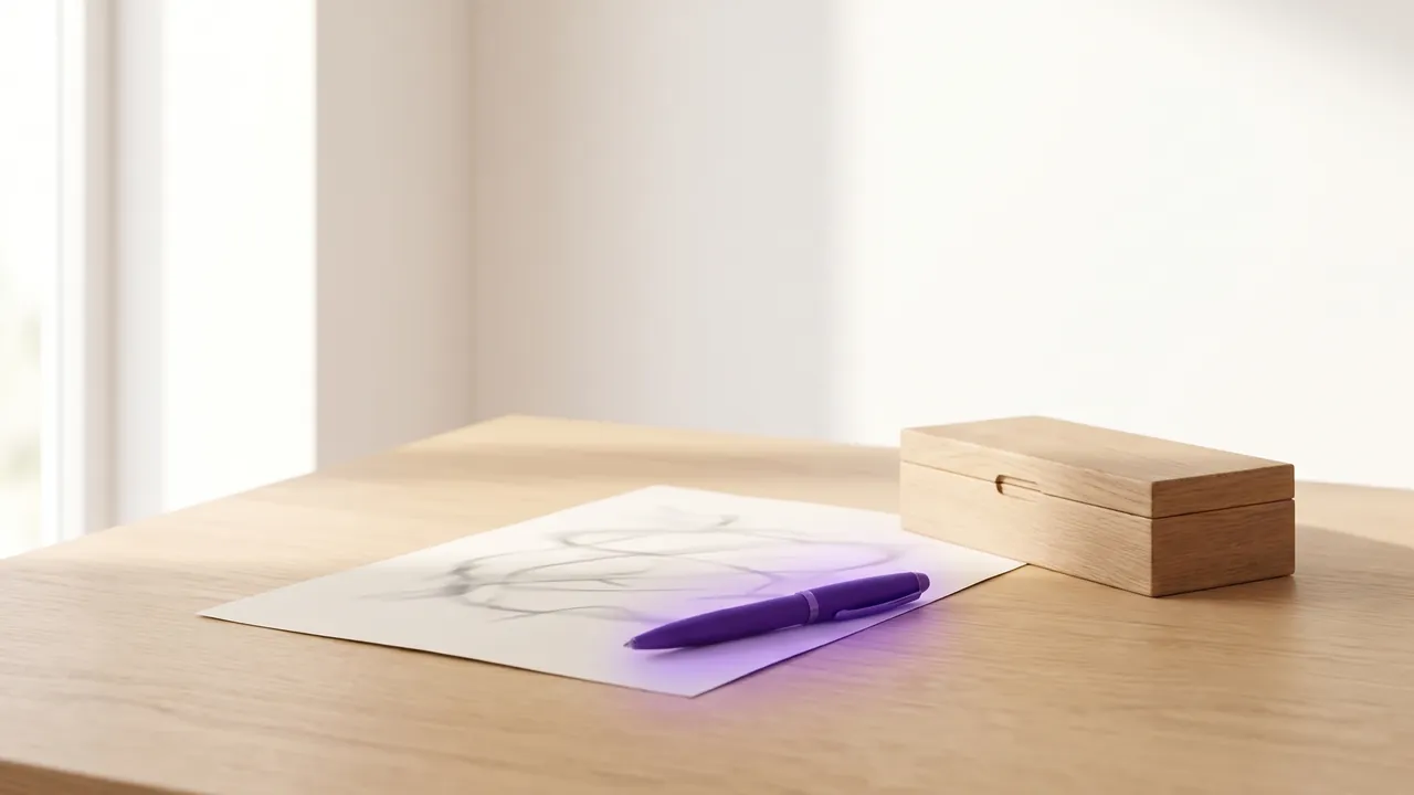 Blatt Papier mit lila Stift neben einer kleinen Holzkiste auf einem Holztisch, Symbol für die Widerrufsbelehrung im Handwerk