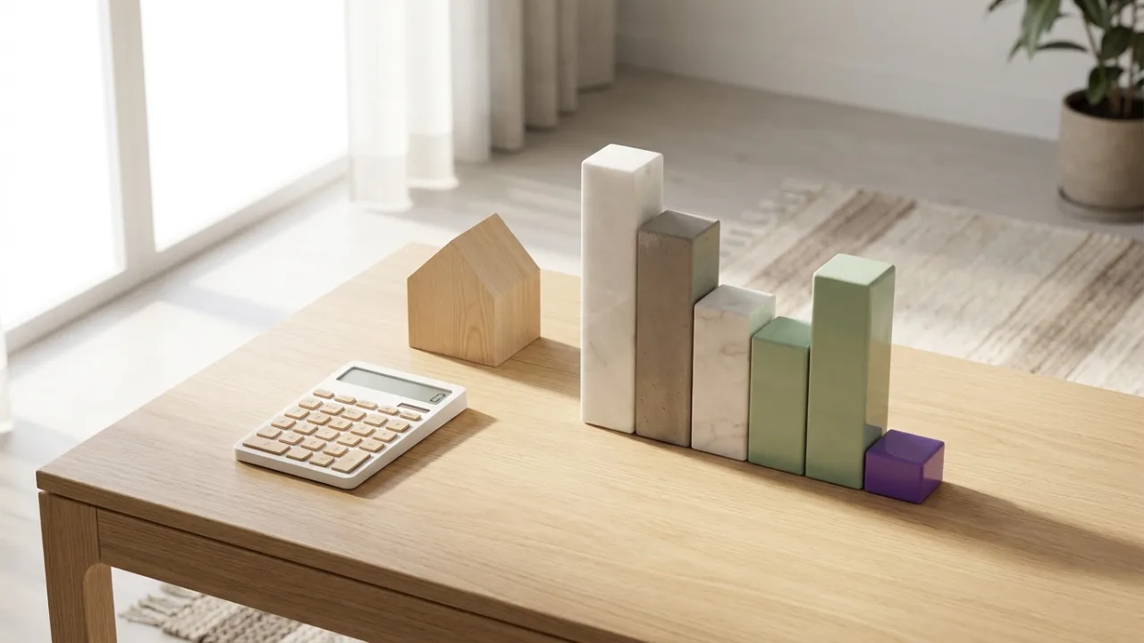 Taschenrechner, Modellhaus und Balkendiagramm, Symbol für Wirtschaftlichkeit im Maklerbüro