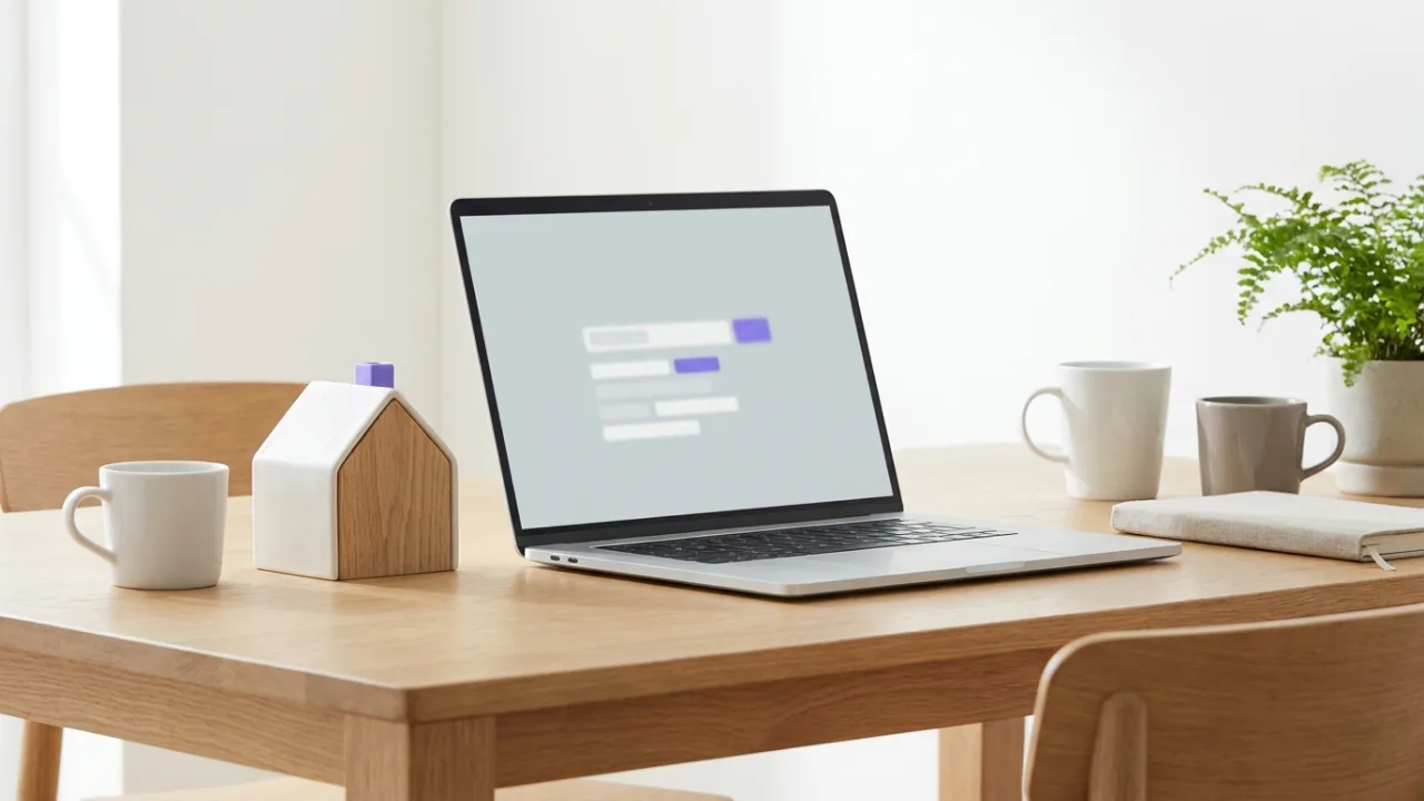 Laptop mit abstrakter Suchergebnisseite und hervorgehobenem Treffer, daneben ein Modellhaus, Symbol für SEO für Immobilienmakler