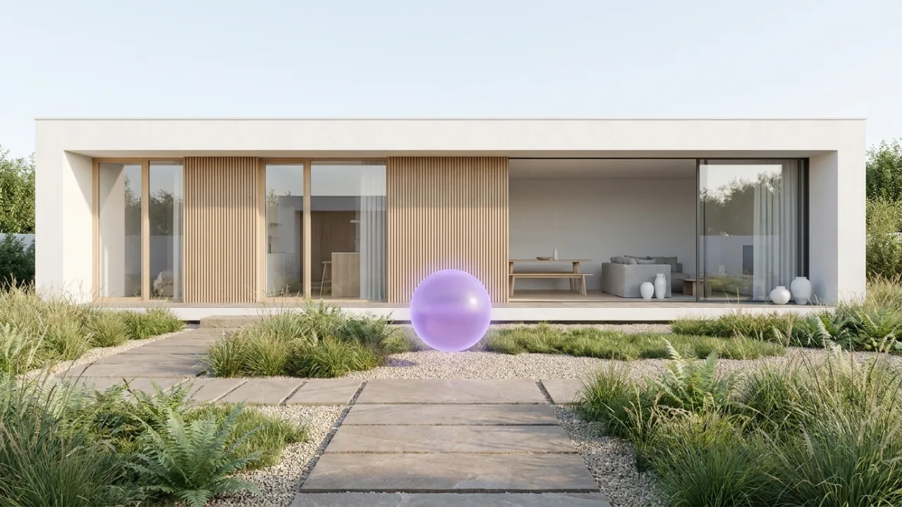 ein saniertes Altbau-Mehrfamilienhaus mit schwebendem lila Lichtpunkt, Symbol für KI im Immobilienbüro