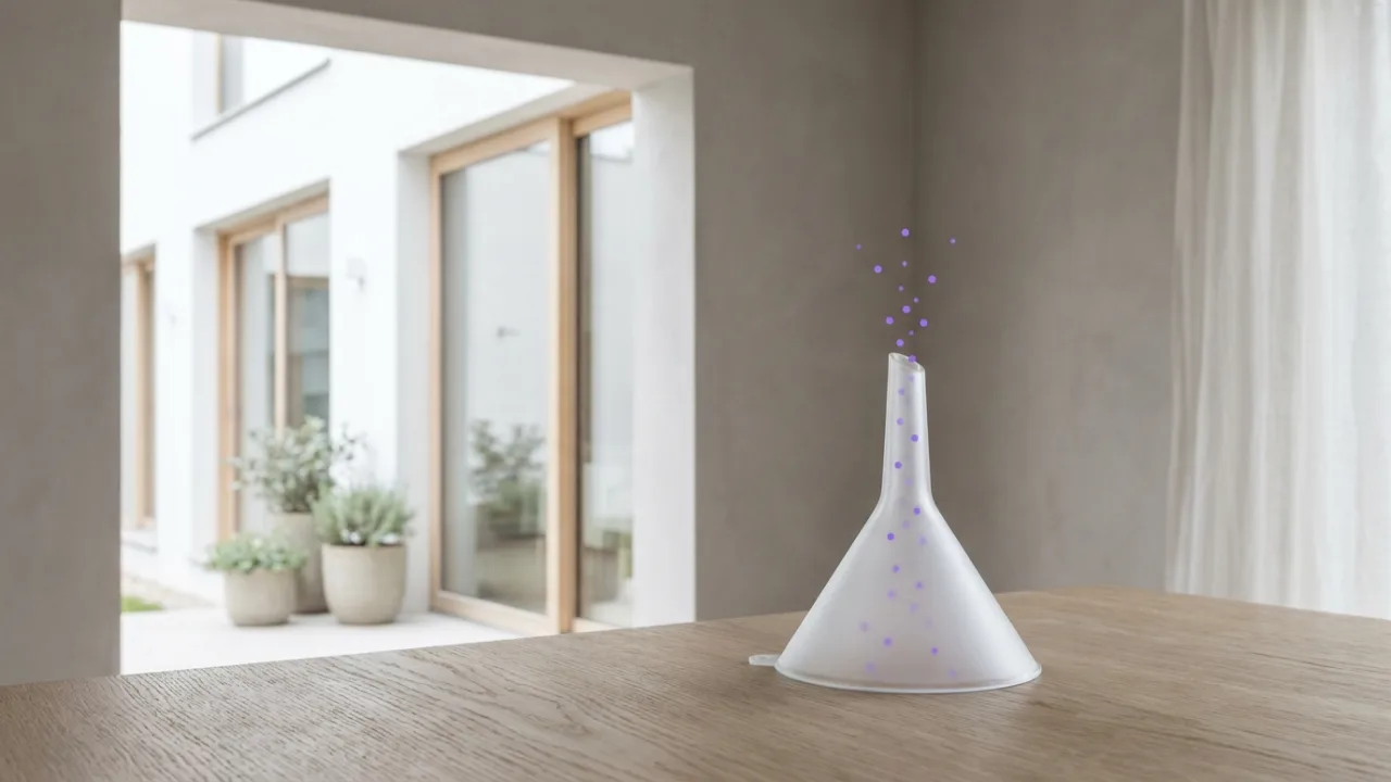 Trichter aus Milchglas mit leuchtenden Punkten, Symbol für Lead-Generierung für Immobilienmakler