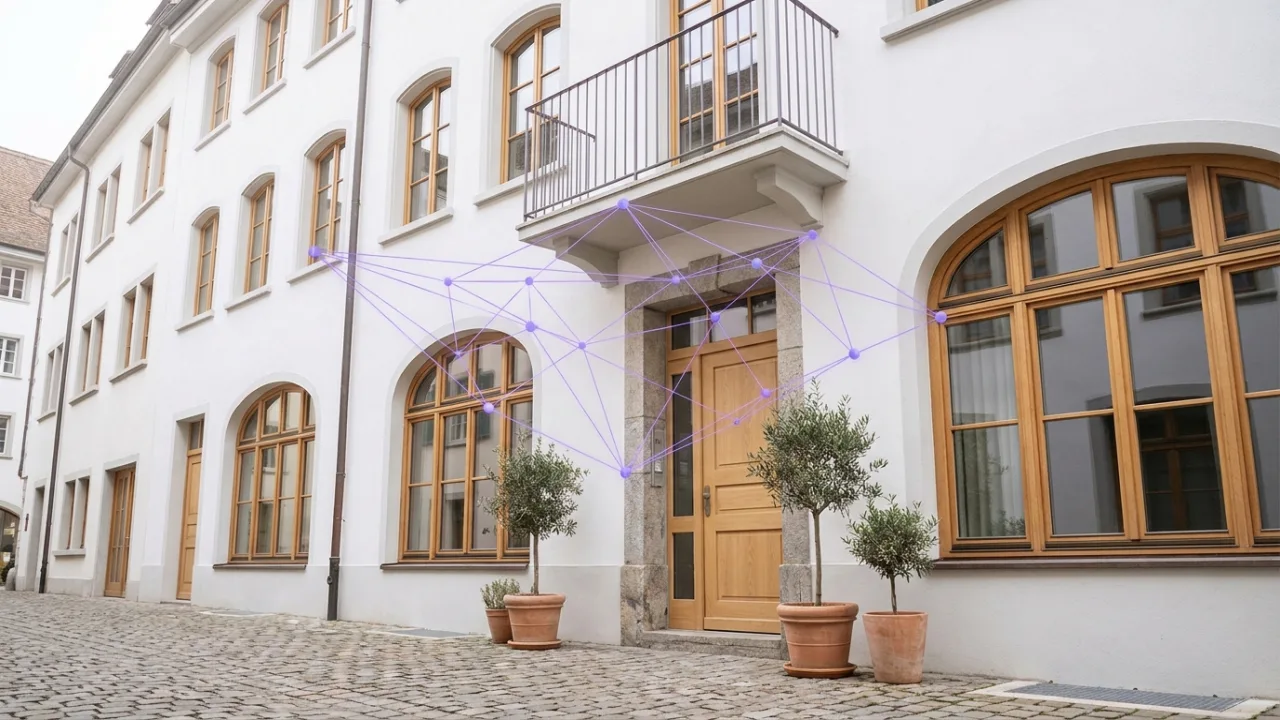 Modernes Haus mit schwebendem Netzwerk aus Linien und Knoten, Symbol für die Digitalisierung der Immobilienbranche