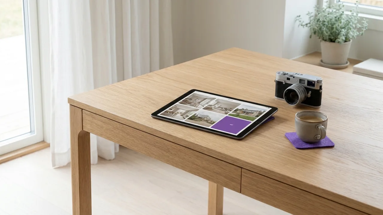 Tablet mit Bildraster von Immobilienfotos, Kamera und Kaffee, Symbol für Immobilienmarketing