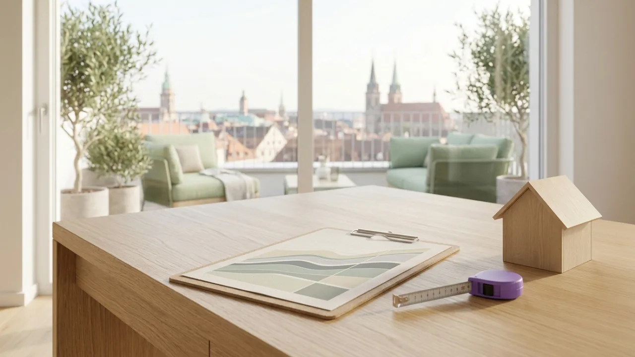 Klemmbrett mit Diagramm, Maßband und Modellhaus auf einem Schreibtisch, Symbol für Immobilienbewertung