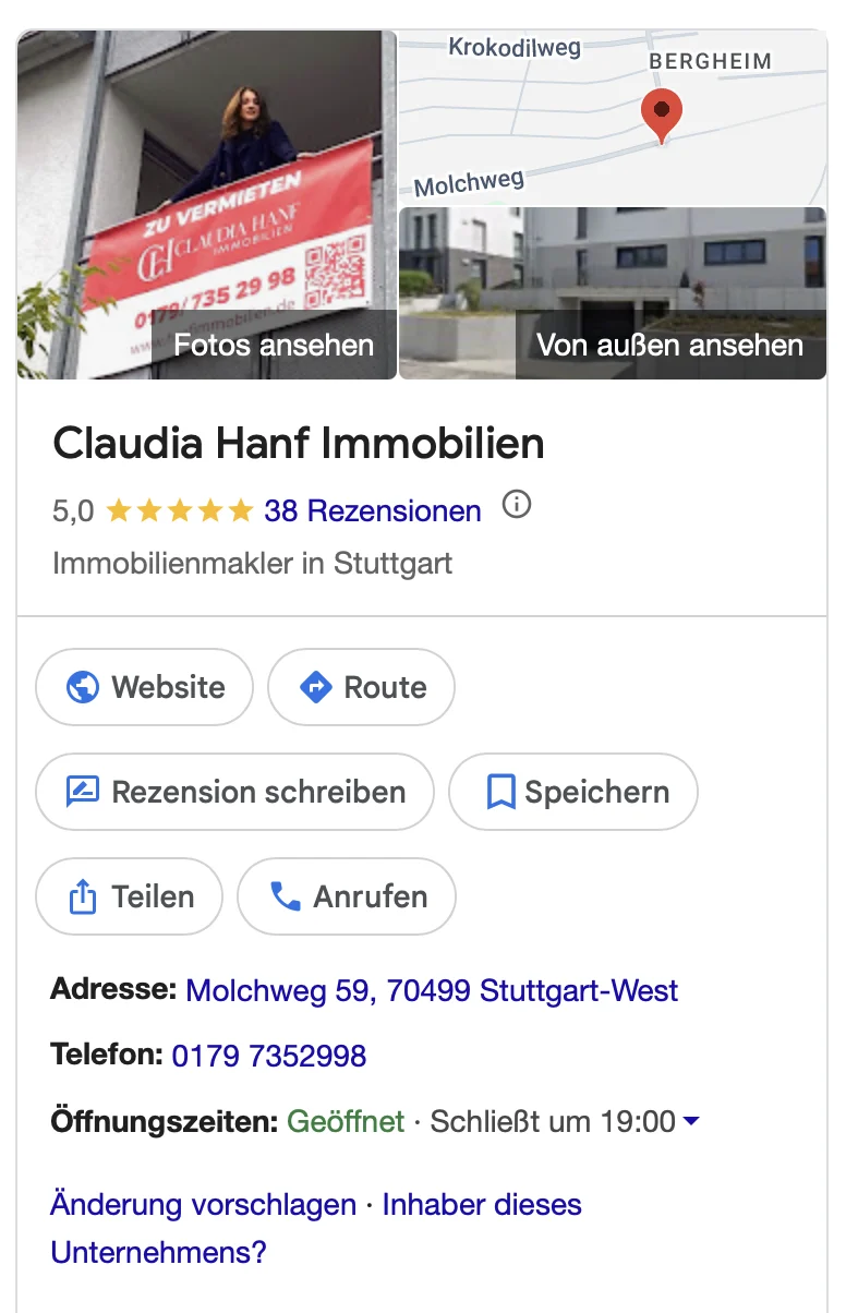 Google-Unternehmensprofil von Claudia Hanf Immobilien, Stuttgart: 5,0 Sterne bei 38 Rezensionen