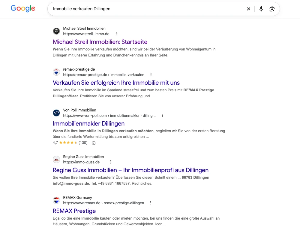 Google-Suche „Immobilie verkaufen Dillingen“: Michael Streil Immobilien auf Platz 1, vor RE/MAX Prestige und von Poll Immobilien