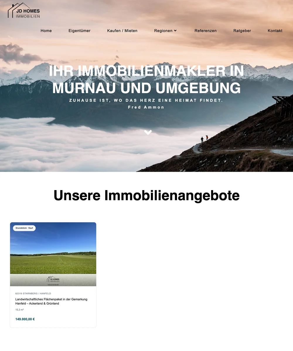 Startseite von JD Homes, ganze Seite