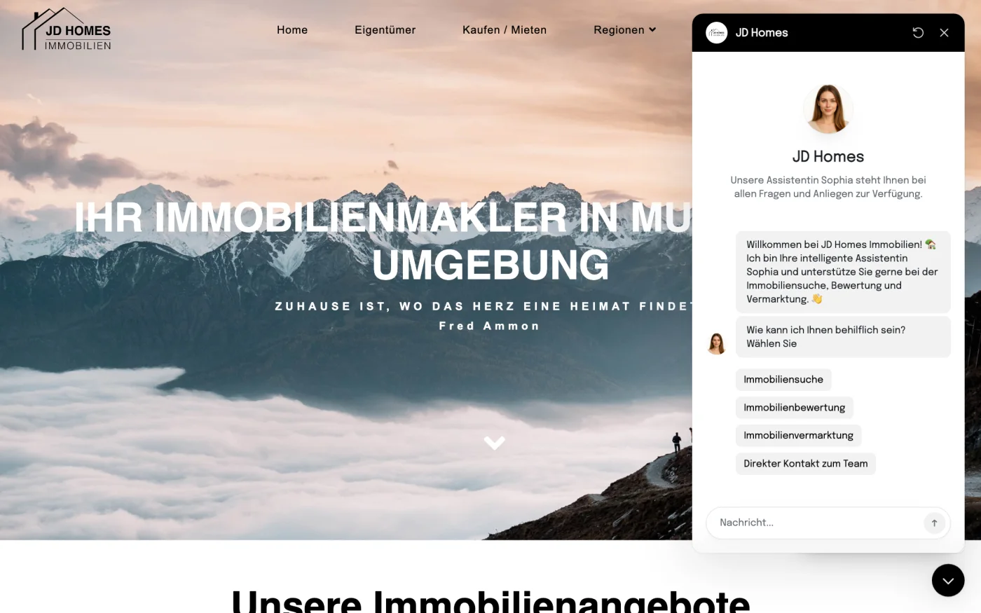 Startseite von JD Homes mit KI-Assistentin