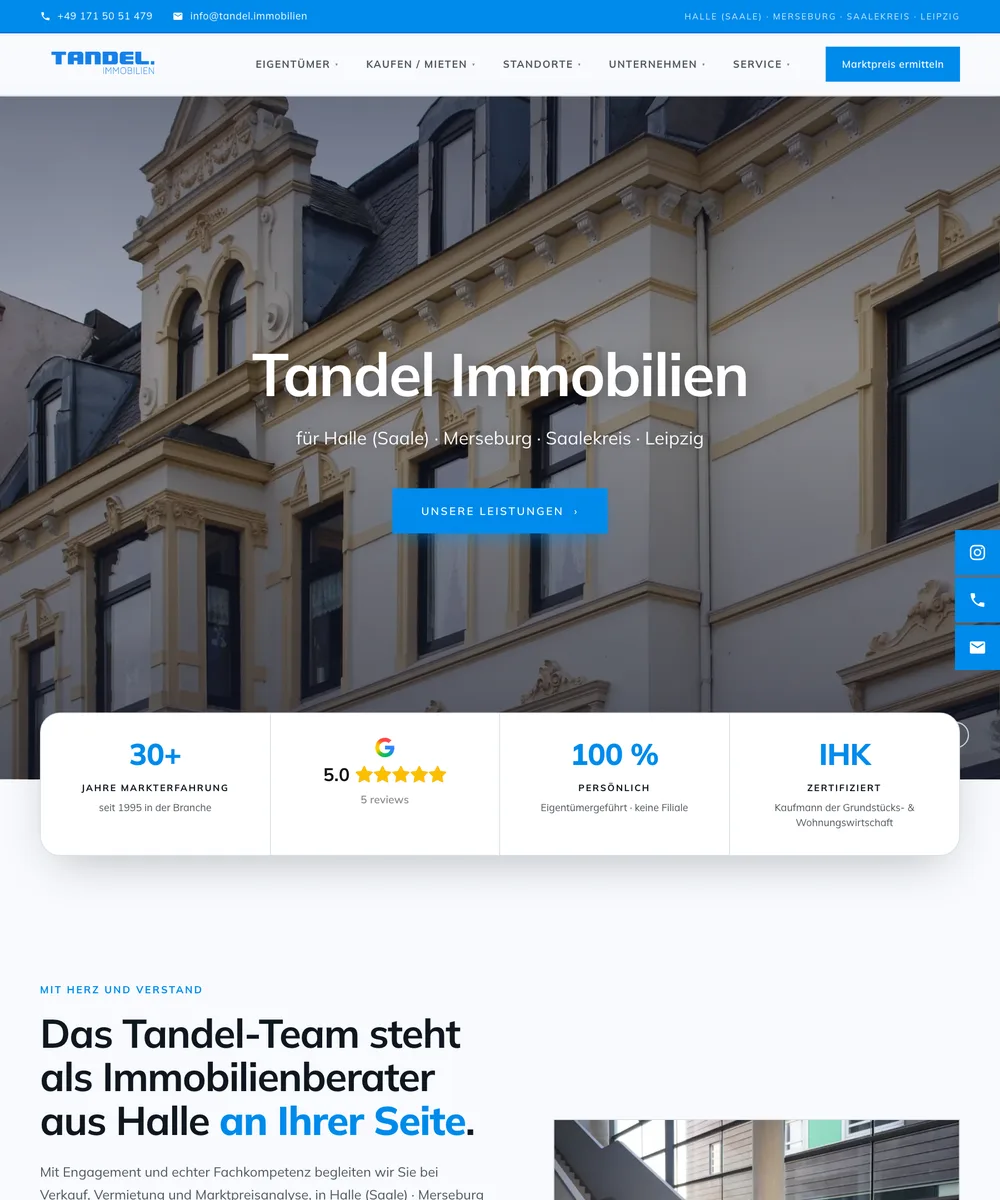 Startseite von Tandel Immobilien, ganze Seite