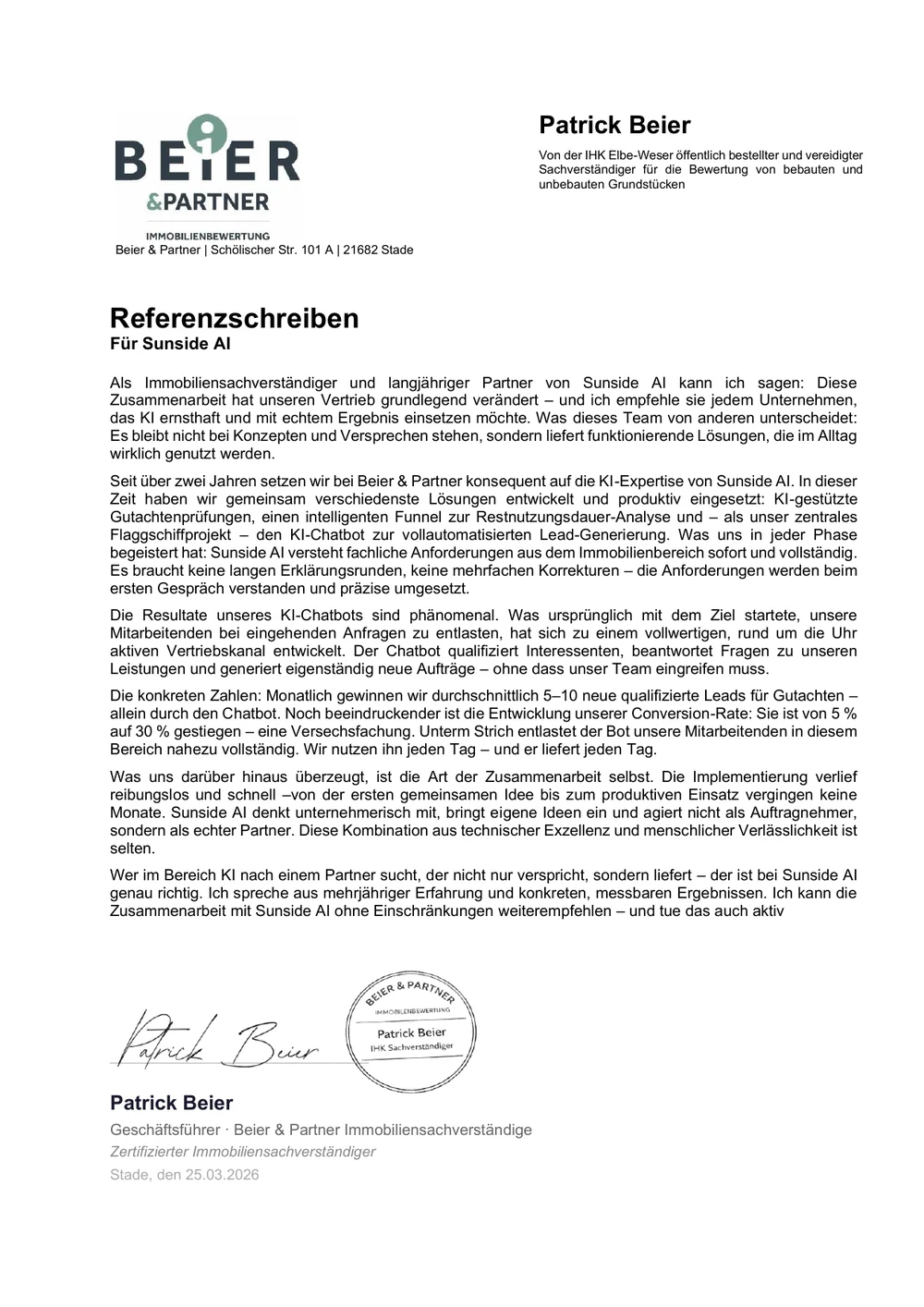 Referenzschreiben Beier & Partner Immobiliensachverständige, Stade, 25.03.2026