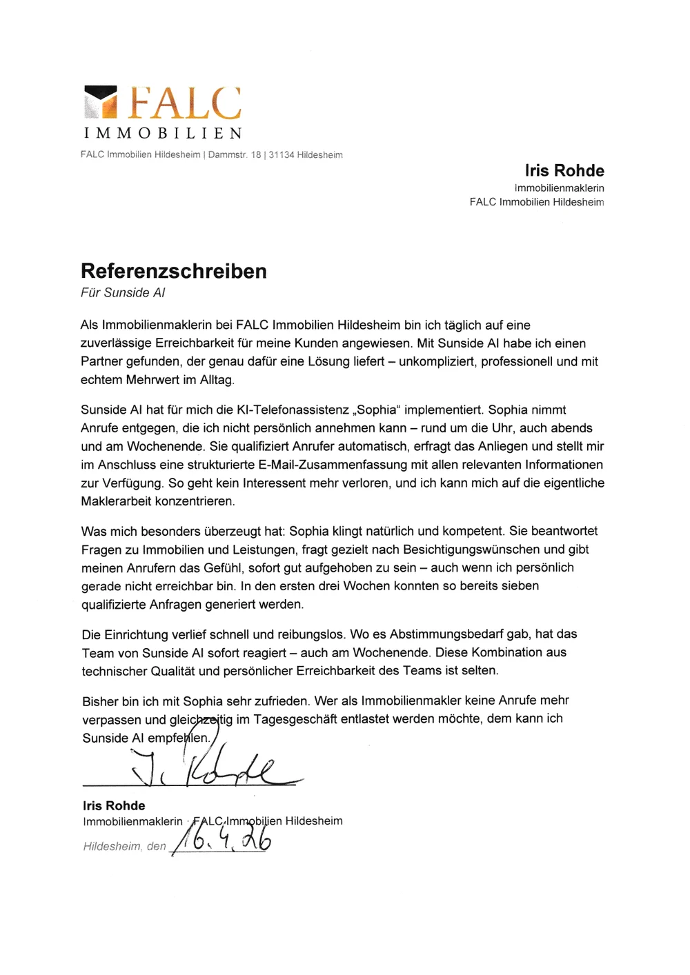 Referenzschreiben FALC Immobilien Hildesheim, Hildesheim, 16.04.2026