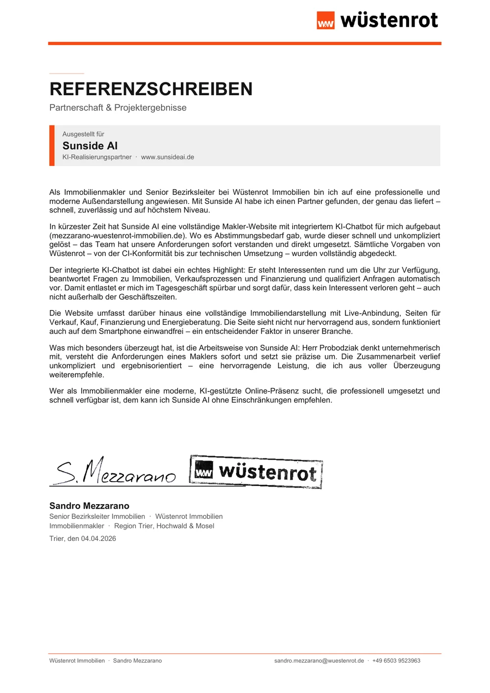 Referenzschreiben Wüstenrot Immobilien, Trier, 04.04.2026