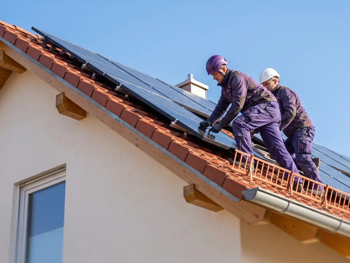 Solar & Photovoltaik: zwei Monteure setzen Solarmodule auf ein Hausdach